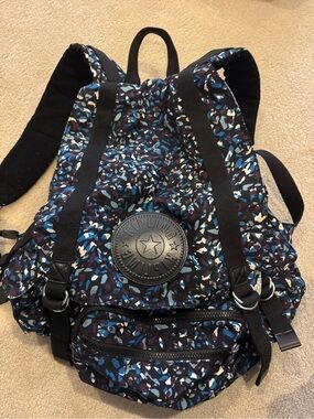 Kipling Black Backpack with Blue and White Abstract Print